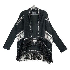 Miss Me Women L Cardigan Open Front Fringe Aztec Black White Western Boho Chic
